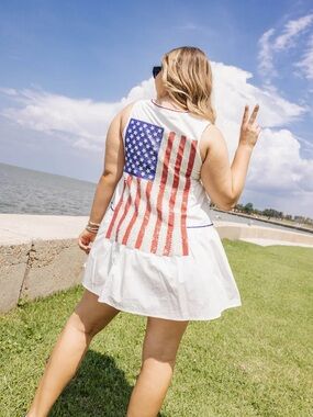 Queen of Sparkles Flag Back Dress White Large Patriotic American Sequin Mini